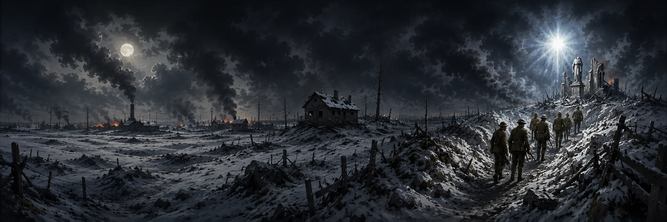 A column of soldiers crossing a frozen, ruined battlefield under a clouded moon